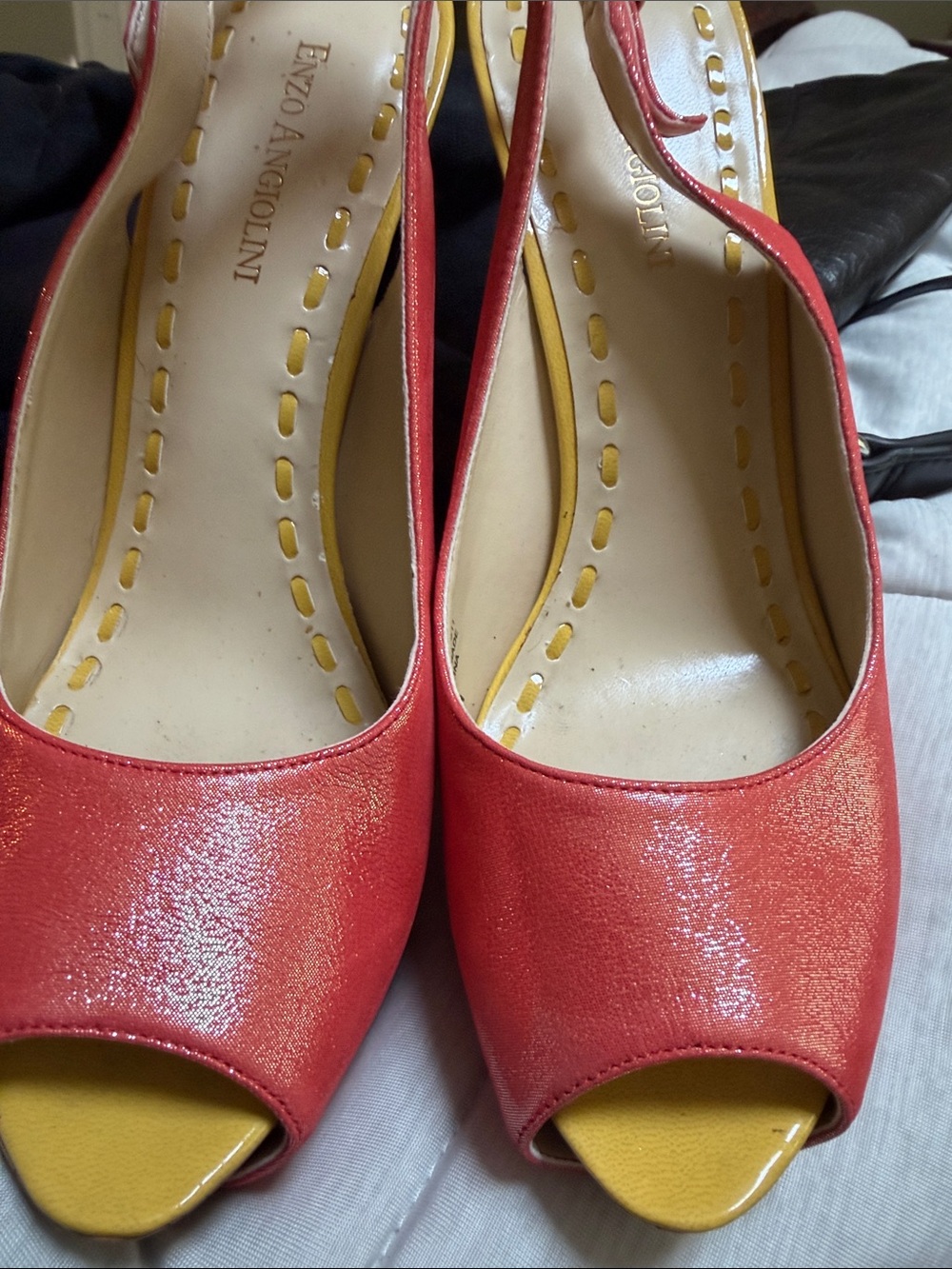 Enzo Angiolini Metallic Coral & Yellow Peep Toe Sling Back Pumps 👠 4” high ~ 7.5